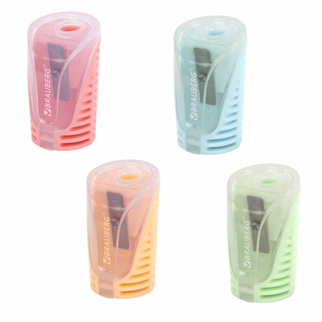 Точилка Brauberg "Cell Pastel", с контейнером, с одним отверстием, ассорти, цена за штуку / Точилки
