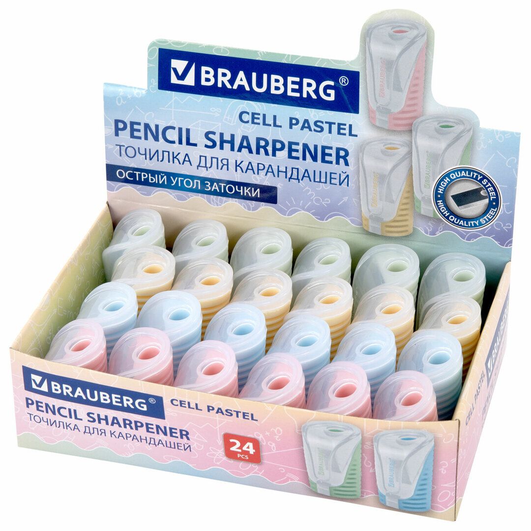 Точилка Brauberg "Cell Pastel", с контейнером, с одним отверстием, ассорти, цена за штуку / Точилки №3