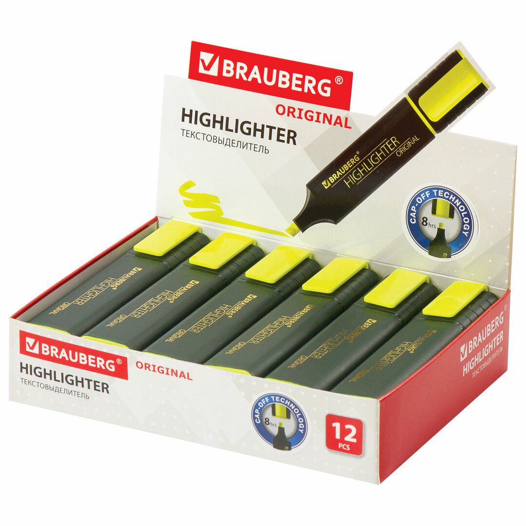 Мәтін бөлектеуіш маркер Brauberg "Original", ұшы қиғаш 1-5 мм, сары, баға бір дана үшін / Мәтін бөлектеуіштер №2