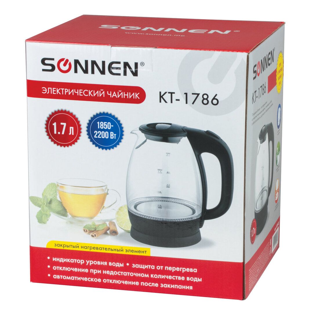 Электрический чайник Sonnen KT-1786, 1,7 л, пластик, стекло / Чайники	 №4