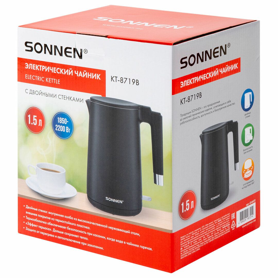 Электрлік шәйнек Sonnen KT-8719B, 1,5 л, қара / Шәйнектер №4