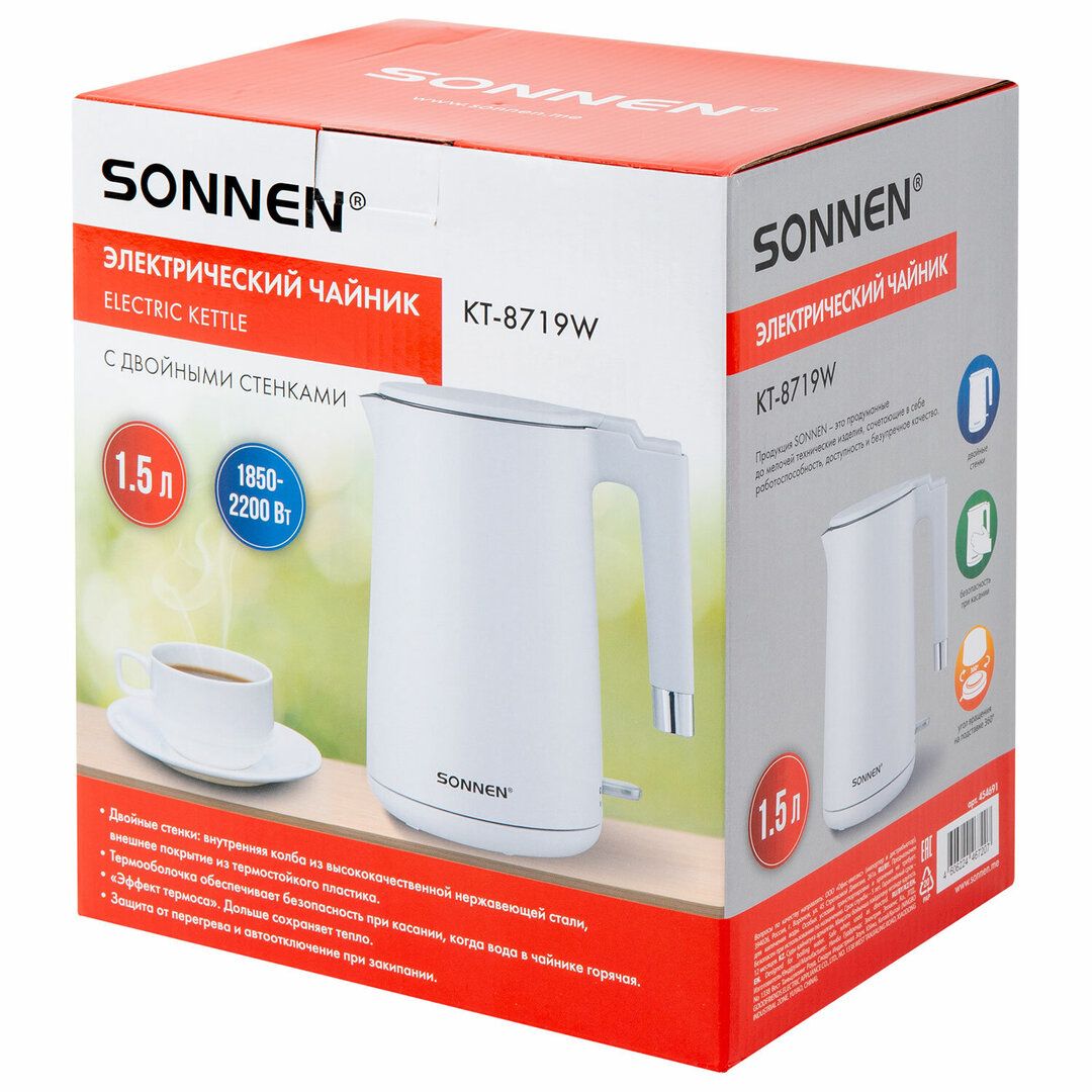 Электрический чайник Sonnen KT-8719W, 1,5 л, белый / Чайники	 №4
