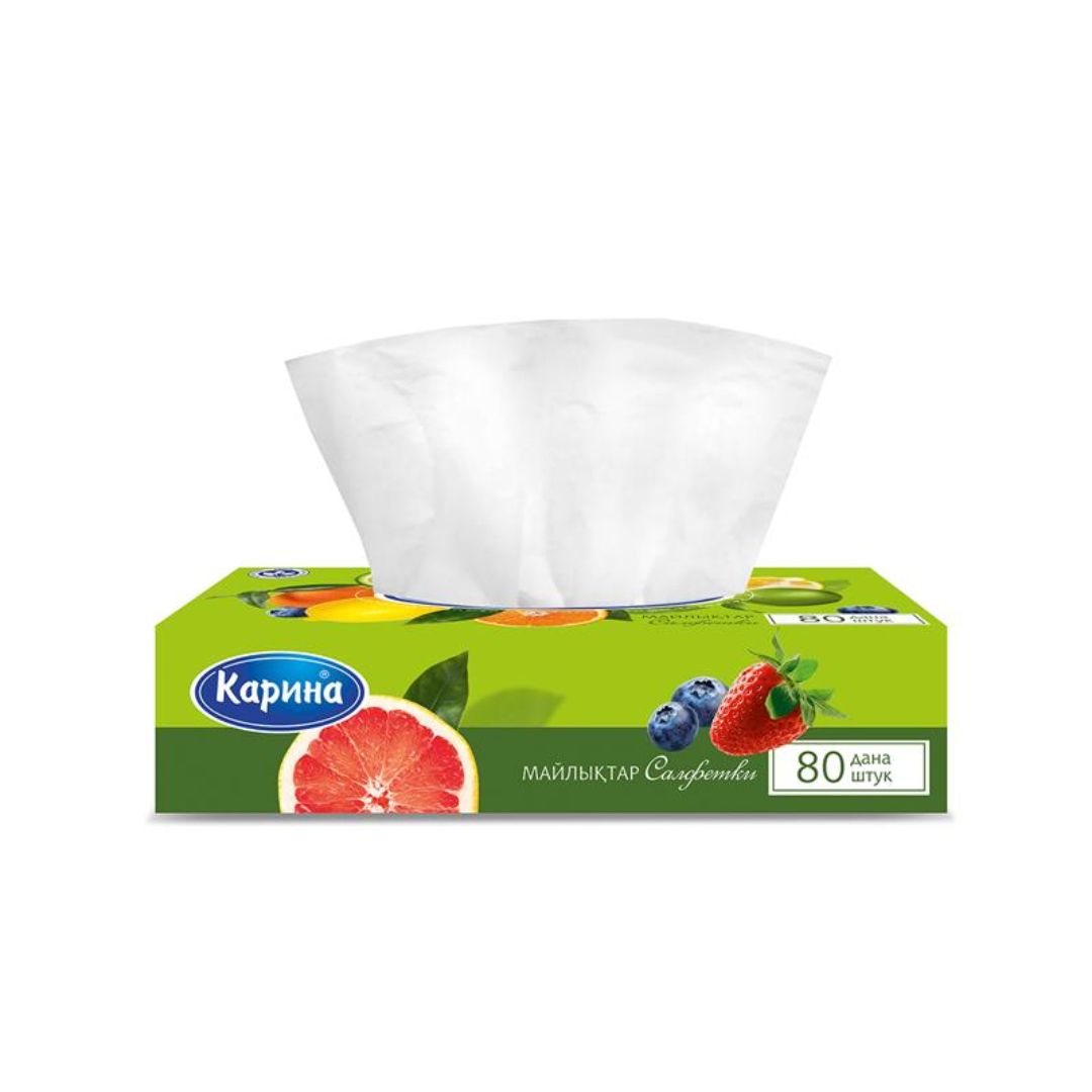 Салфетки Карина "Фрукты", 2-х слойные, 80 шт., размер листа 20*20 см, в картонном боксе, белые / Салфетки бумажные №2