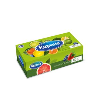 Салфетки Карина "Фрукты", 2-х слойные, 80 шт., размер листа 20*20 см, в картонном боксе, белые / Салфетки бумажные