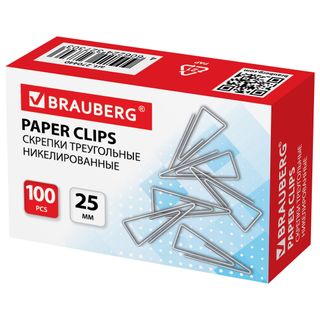 Скрепки канцелярские Brauberg, 25 мм, 100 шт., никелированные, треугольные / Скрепки канцелярские