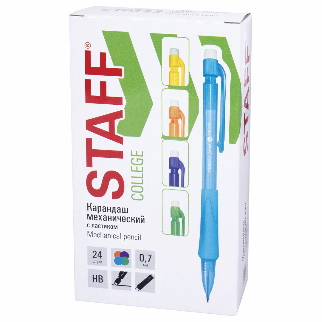 Карандаш механический Staff "College" MP-422, 0,7 мм, HB, с ластиком, ассорти / Карандаши механические №5
