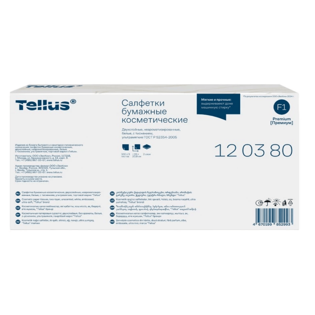 Салфетки Tellus, 2-х слойные, 100 шт., размер листа 20,8*19 см, в картонном боксе, белые / Салфетки бумажные №4