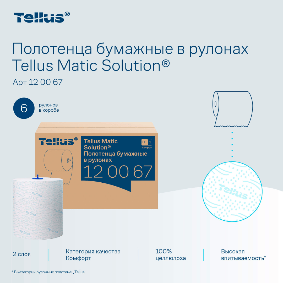 Полотенца бумажные Tellus "Matic Solution", 150 м, 2-х слойные, система H1, белые / Полотенца для диспенсеров №2