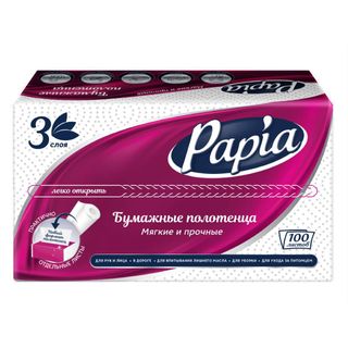 Полотенца бумажные Papia, 100 шт, 3-х слойные, 23*20,5 см, сложение V, белые / Полотенца для диспенсеров