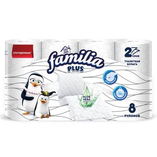 Туалетная бумага рулонная Familia Plus "Aloe Vera", 18 метров, 2-х слойная, 8 рулонов / Бумага туалетная бытовая