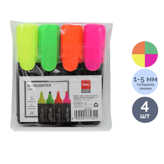 Мәтін бөлектеуіш маркерлер жинағы Luxor "Highlighter NEO Fluorescent", ұшы қиғаш 1-4,5 мм, 4 түс / Мәтін бөлектеуіштер