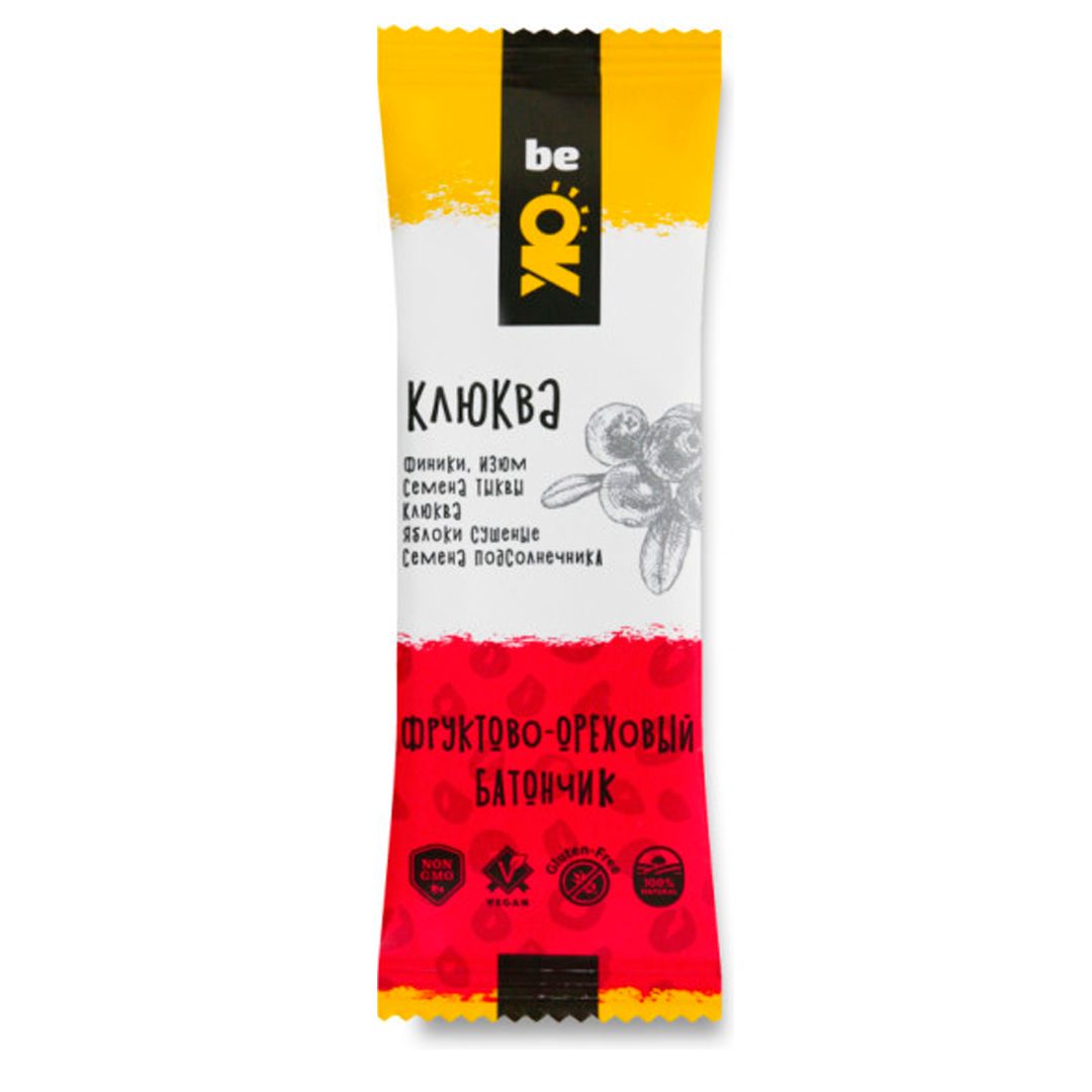 Фруктово-ореховый баточик Be OK "Клюква", 30 гр / Здоровое питание oe.kz Фруктово-ореховый баточик Be OK "Клюква", 30 гр / Здоровое питание