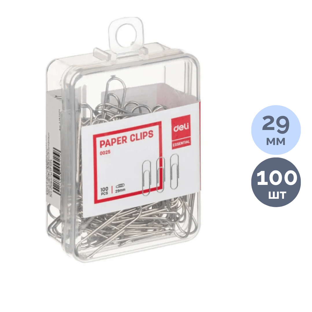 Скрепки канцелярские Deli, 29 мм, 100 шт., никелированные / Скрепки канцелярские