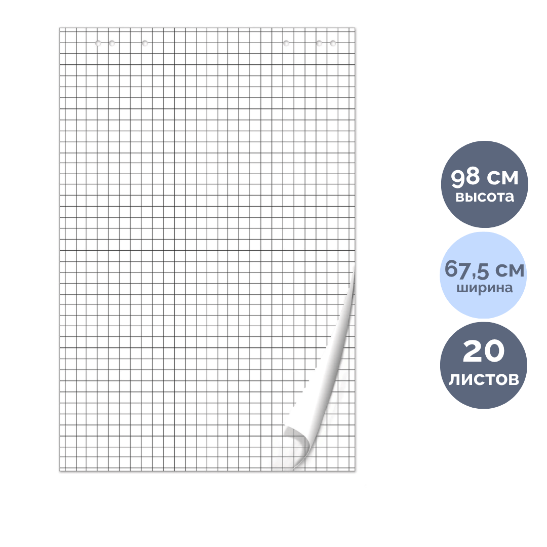 Блок бумаги для флипчарта Brauberg, размер 675*980 мм, 20 листов, белый, в клетку / Бумага для флипчарта