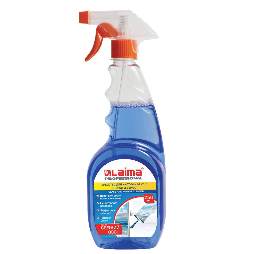 Средство для мытья стекол и зеркал Laima Professional "Cвежий озон", с распылителем, 750 мл / Средства для мытья стекол