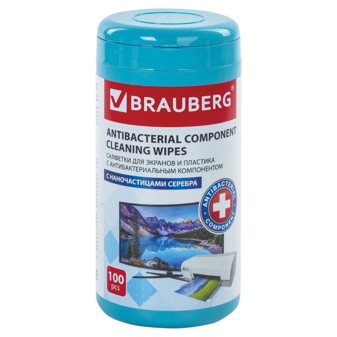 Туба с влажными чистящими салфетками Brauberg, антибактериальныe, 100 шт. в тубе / Чистящие средства для оргтехники