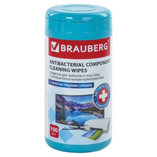 Туба с влажными чистящими салфетками Brauberg, антибактериальныe, 100 шт. в тубе / Чистящие средства для оргтехники