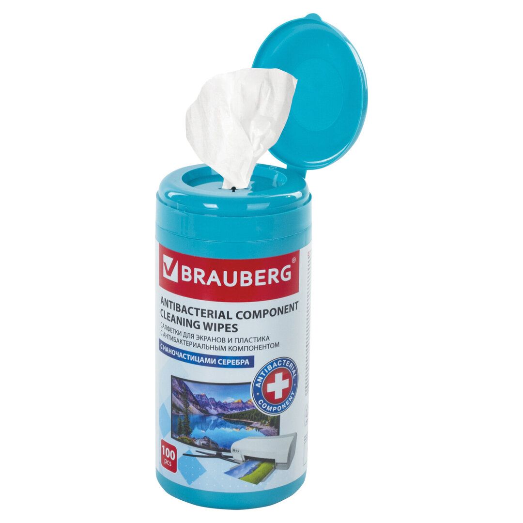 Туба с влажными чистящими салфетками Brauberg, антибактериальныe, 100 шт. в тубе / Чистящие средства для оргтехники №2