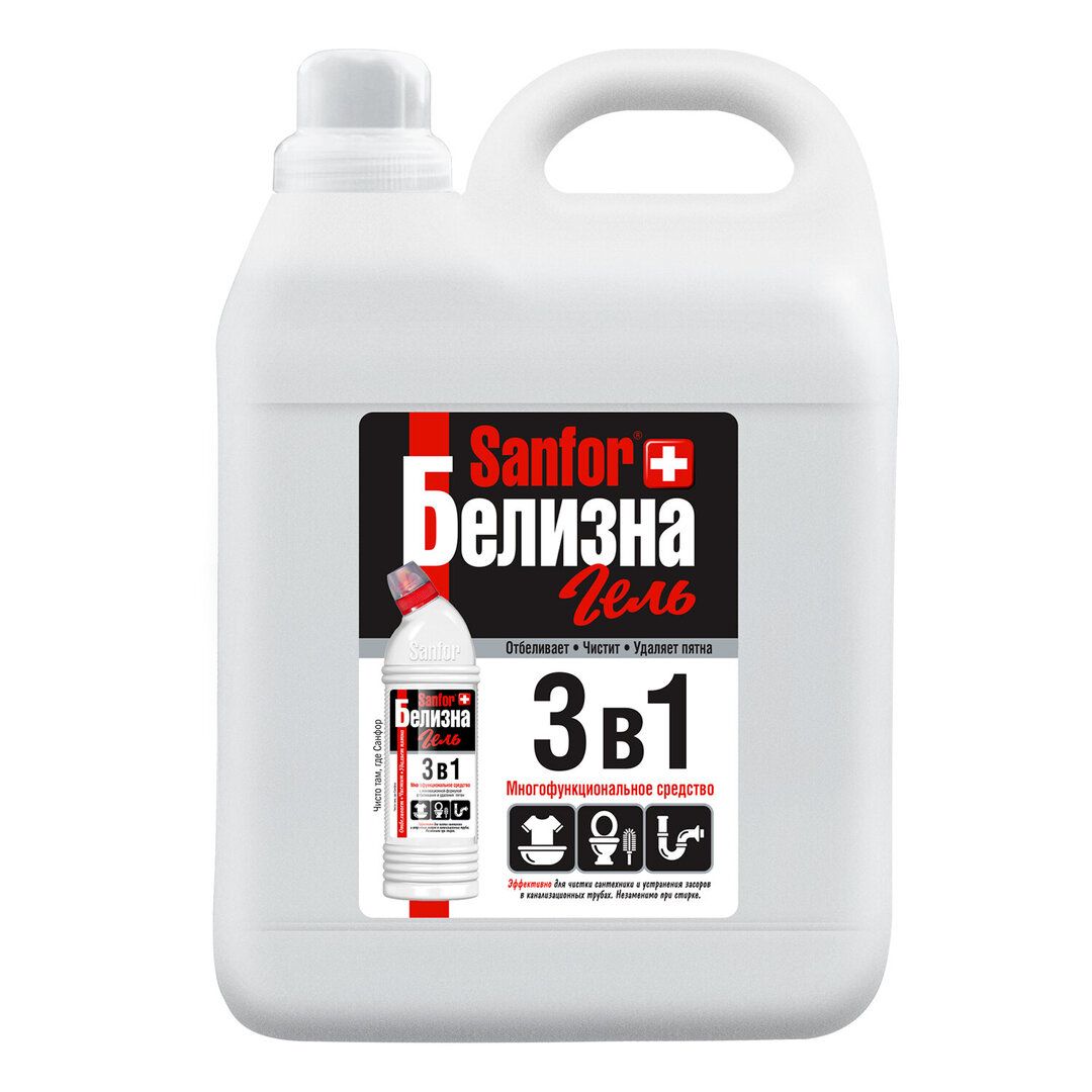 Чистящая Белизна гель Sanfor "3 в 1" с хлором, 5000 мл / Пятновыводители, отбеливатели