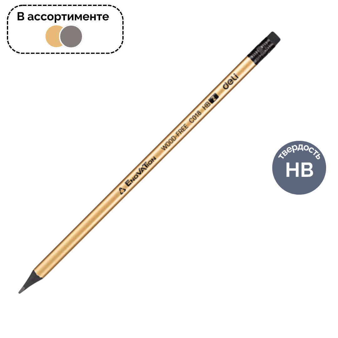 Карандаш чернографитный Deli "EnoVation", HB, пластик, заточенный с ластиком, цена за штуку / Карандаши чернографитные