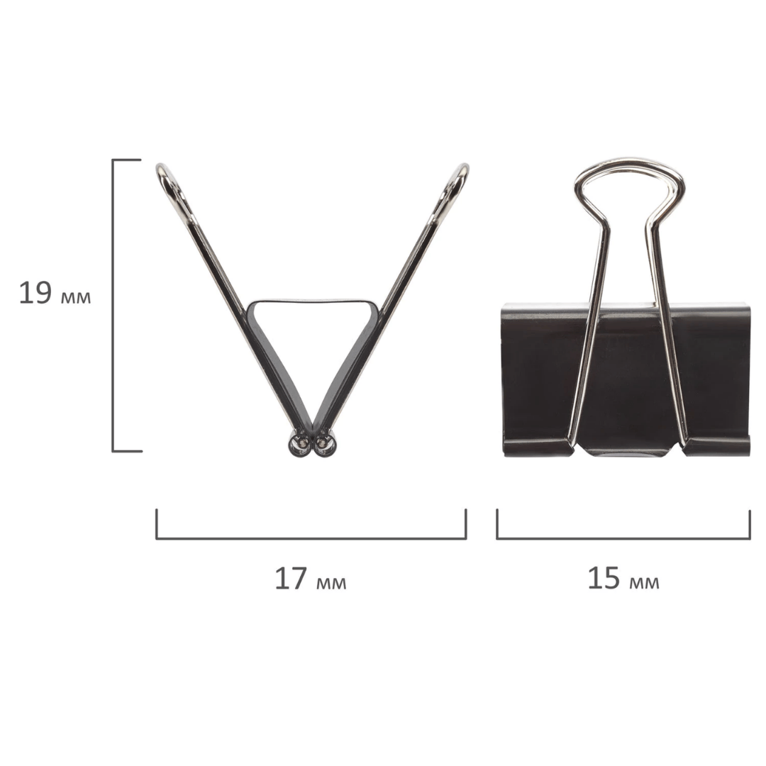 Зажимы для бумаг Brauberg, 15 мм, 12 шт., черные / Зажимы для бумаг №2