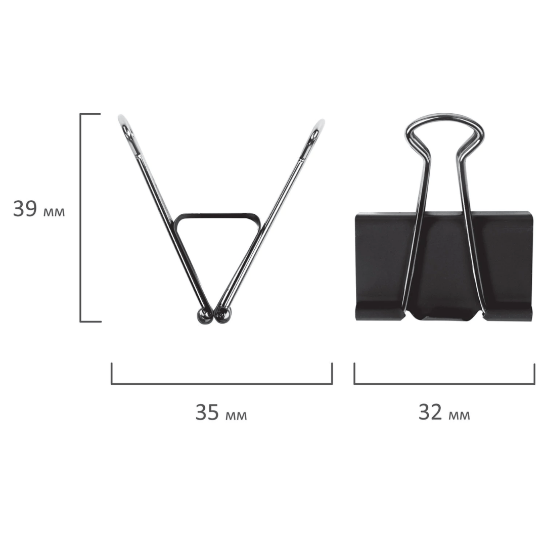 Зажимы для бумаг Brauberg, 32 мм, 12 шт., черные / Зажимы для бумаг №2