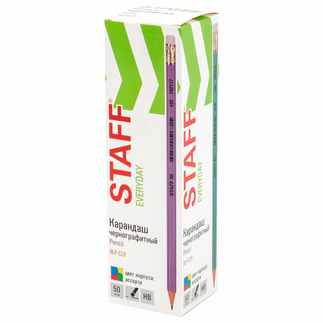 Карандаш чернографитный Staff "Everyday" BLP-CLR HB, пластиковый, заточенный с ластиком, ассорти / Карандаши чернографитные №4