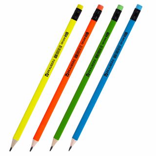 Карандаш чернографитный Brauberg "Neon" HB, деревянный, заточенный с ластиком, ассорти / Карандаши чернографитные