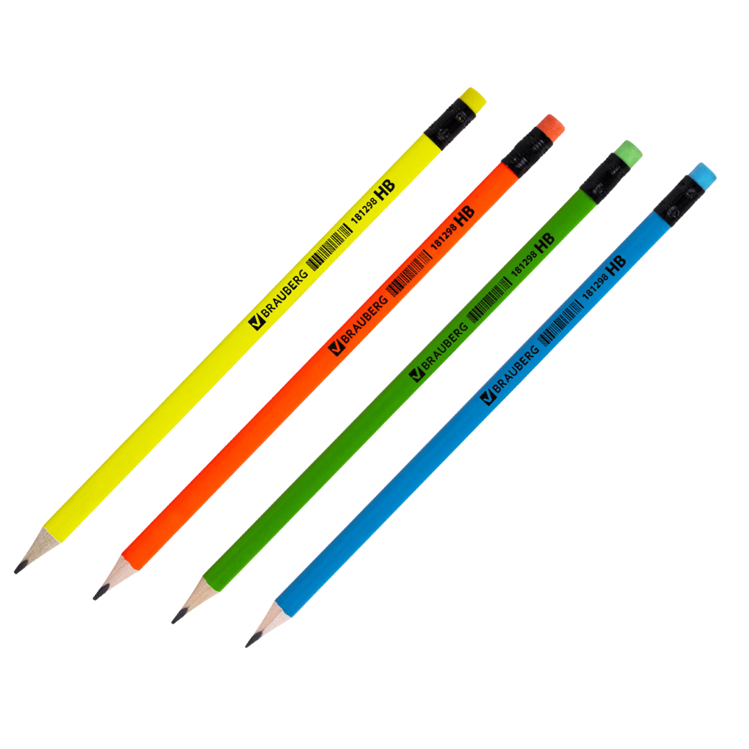 Карандаш чернографитный Brauberg "Neon" HB, деревянный, заточенный с ластиком, ассорти / Карандаши чернографитные
