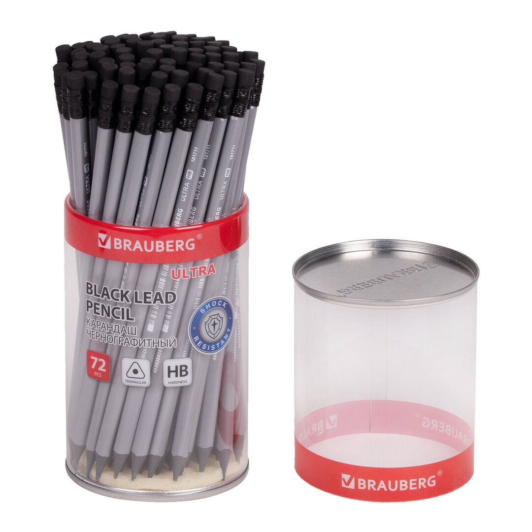 Карандаш чернографитный Brauberg "Ultra" HB, пластиковый, заточенный с ластиком, серый / Карандаши чернографитные №2