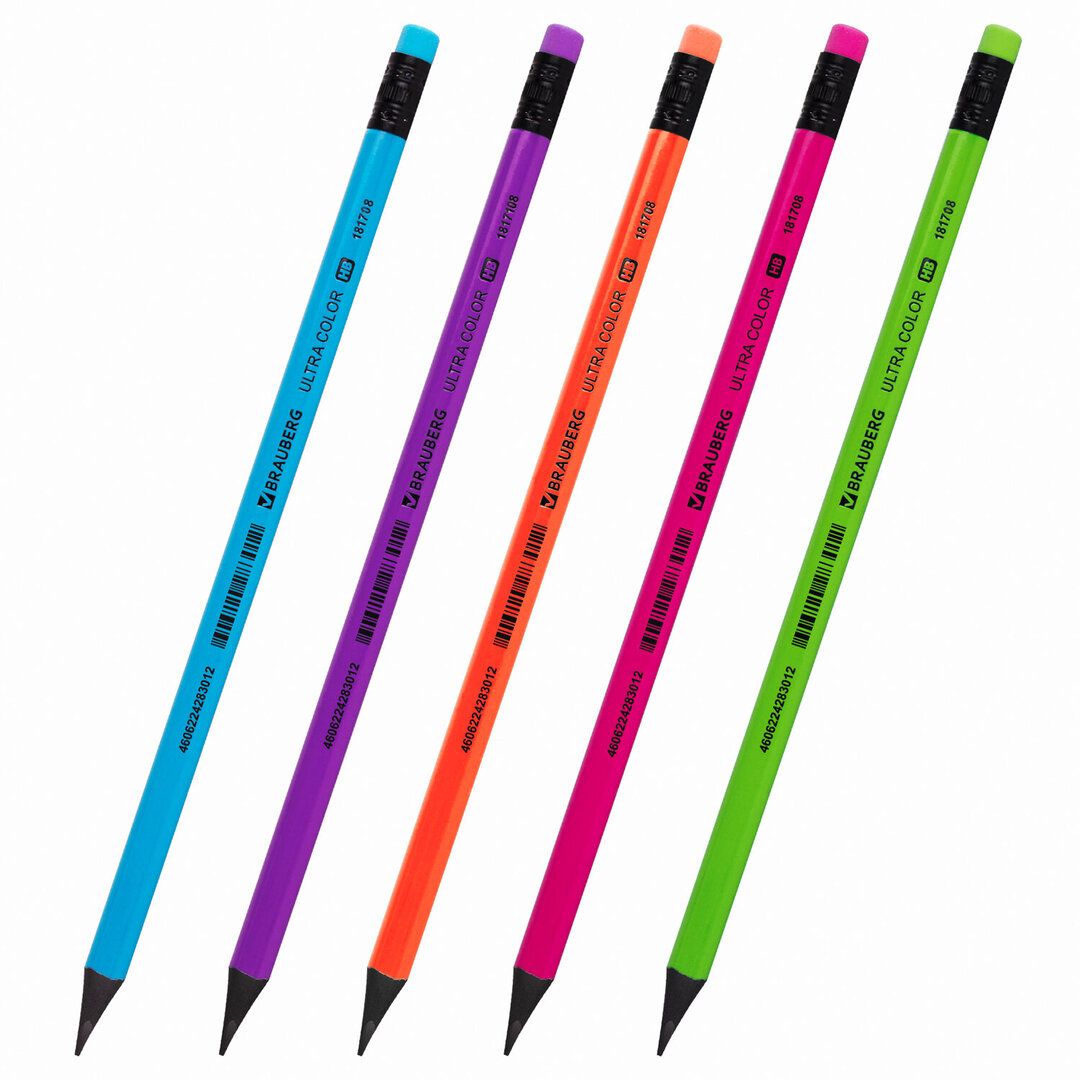 Карандаш чернографитный Brauberg "Ultra Color" HB, пластиковый, заточенный с ластиком, ассорти / Карандаши чернографитные №2