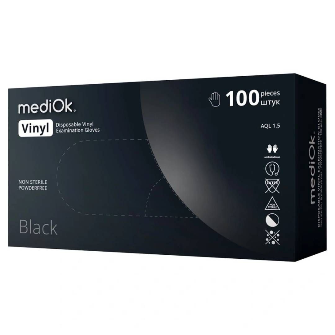 Перчатки виниловые Mediok, неопудренные, размер L, черные, 50 пар/упак / Медицинские перчатки №2 oe.kz Перчатки виниловые Mediok, неопудренные, размер L, черные, 50 пар/упак / Медицинские перчатки №2