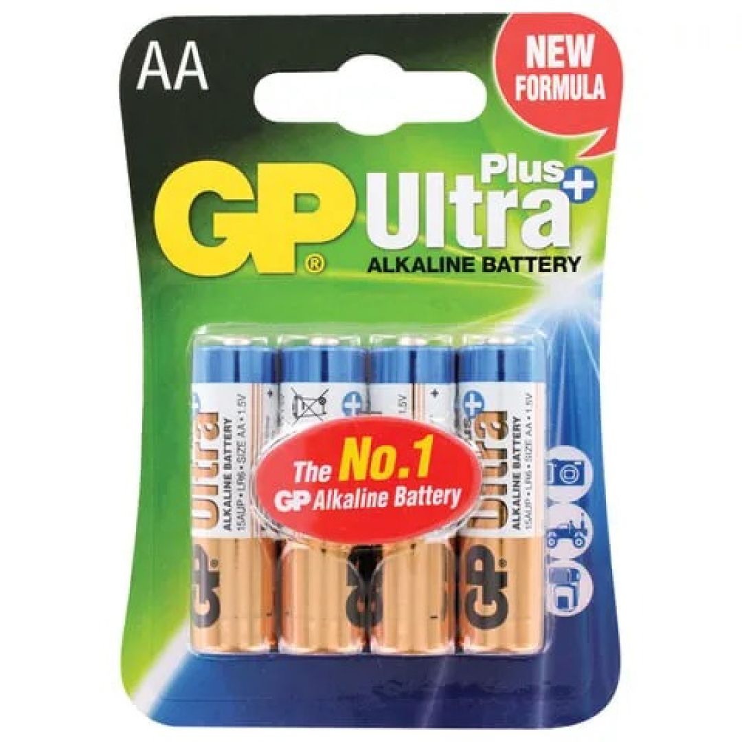 Батарейки GP Ultra Plus пальчиковые AA LR06 15AUP, 1.5V, алкалиновые, 4 шт./уп, цена за упаковку / Батарейки
