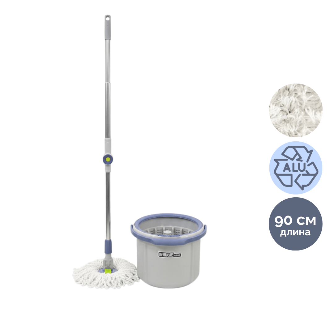 Комплект для уборки, ведро 3 л с отжимом + швабра, серо-голубое / Швабры и комплекты