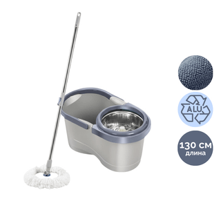 Комплект для уборки, ведро 7/5 л двухкамерное с отжимом + швабра, серое / Швабры и комплекты