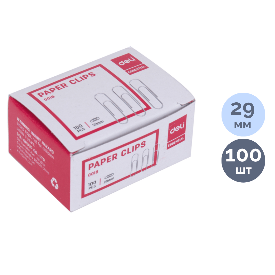 Скрепки канцелярские Deli, 29 мм, 100 шт., никелированные / Скрепки канцелярские