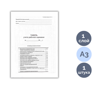 Жұмыс уақытын тіркеу табелі, пішімі А3, баға бір парақ үшін / Бланкілер