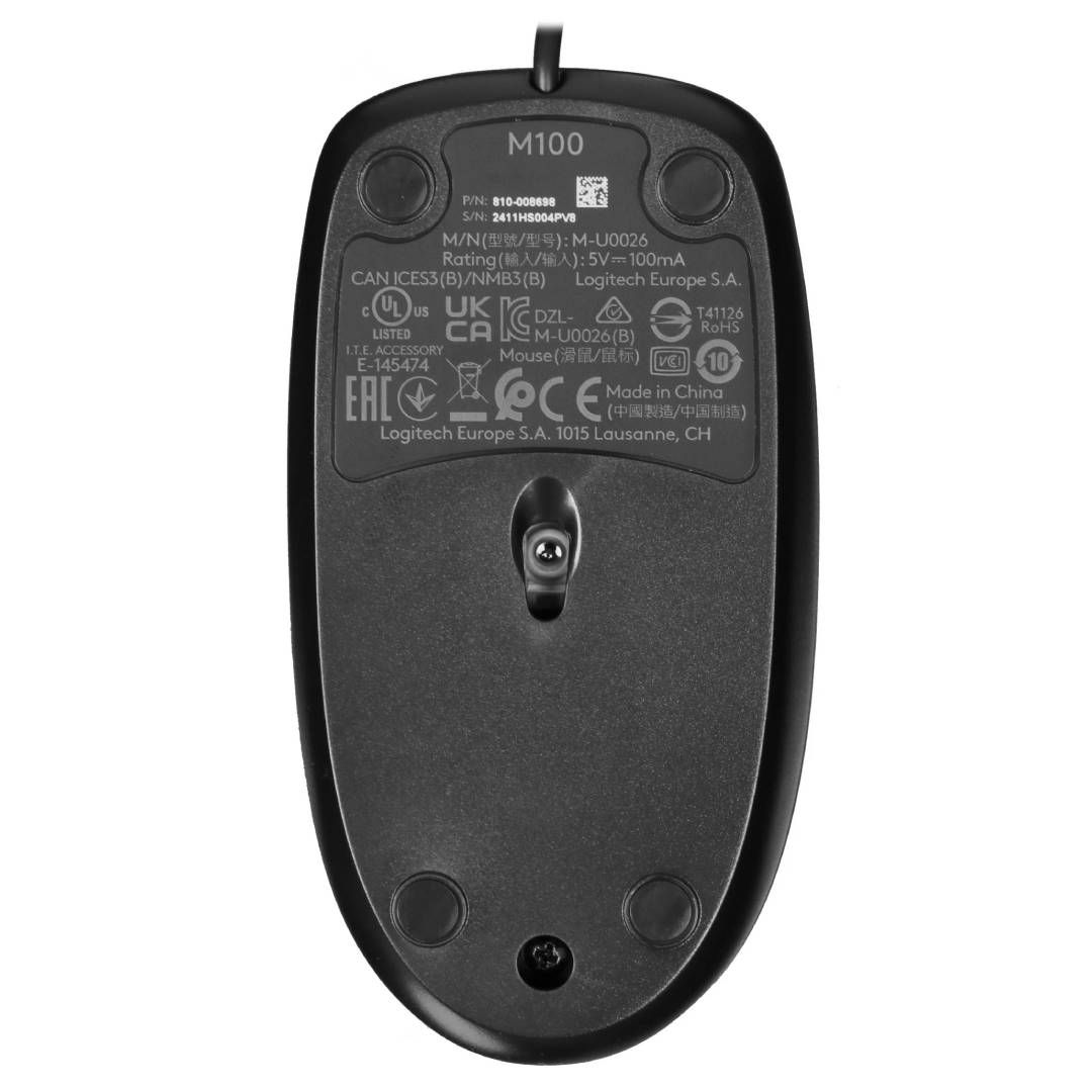 Мышь проводная оптическая Logitech M100, USB, 3 кнопки, 1000 dpi, черная / Мыши проводные №4