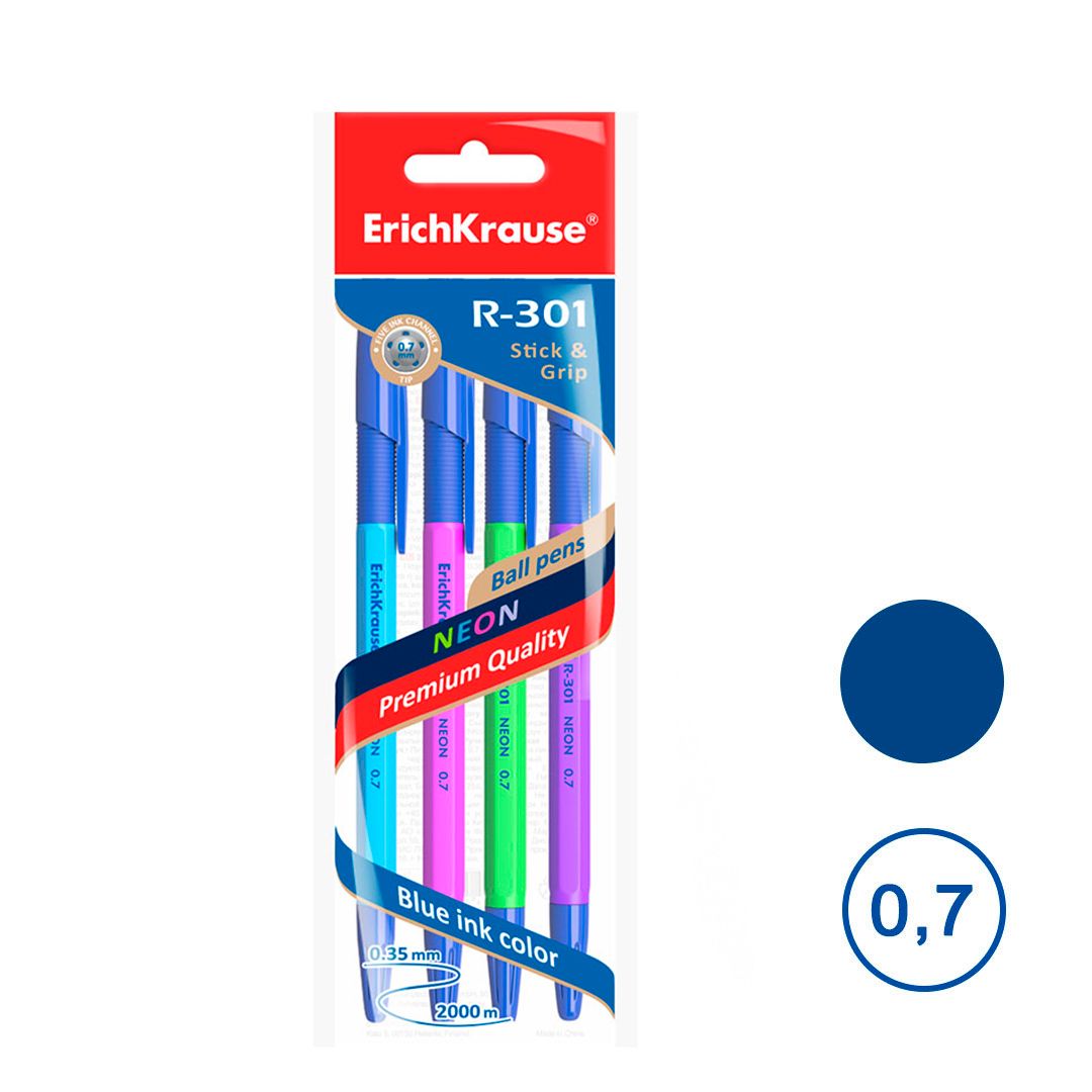 Ручка шариковая Erich Krause "R-301" Neon Stick&Grip, 0,7 мм, синяя, 4 шт. в упаковке / Наборы шариковых ручек