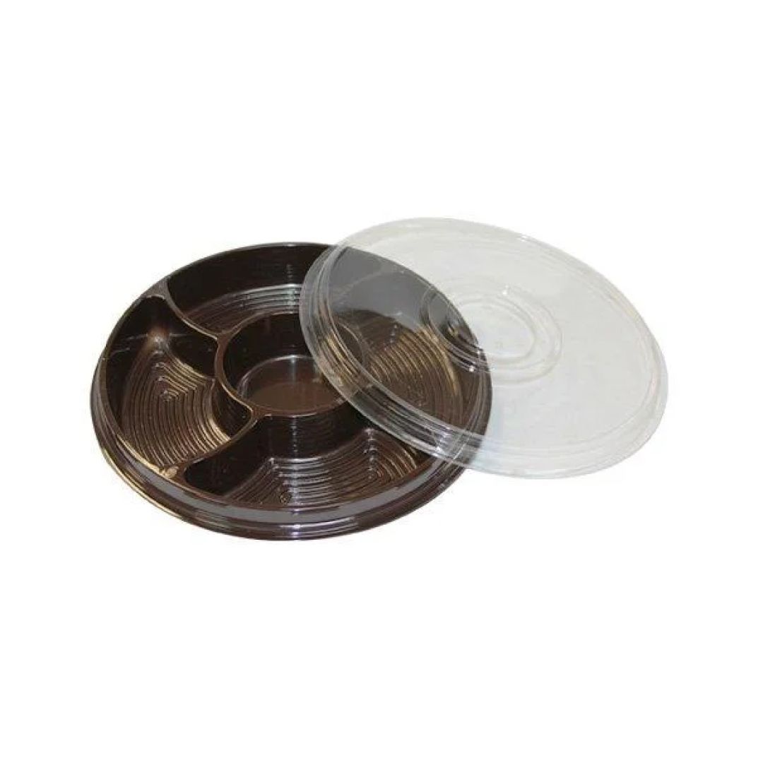 Менажницы одноразовые Мистерия, 5 секций, диаметр 260 мм, коричневые, с крышкой 100 шт/упак / Посуда одноразовая oe.kz Менажницы одноразовые Мистерия, 5 секций, диаметр 260 мм, коричневые, с крышкой 100 шт/упак / Посуда одноразовая