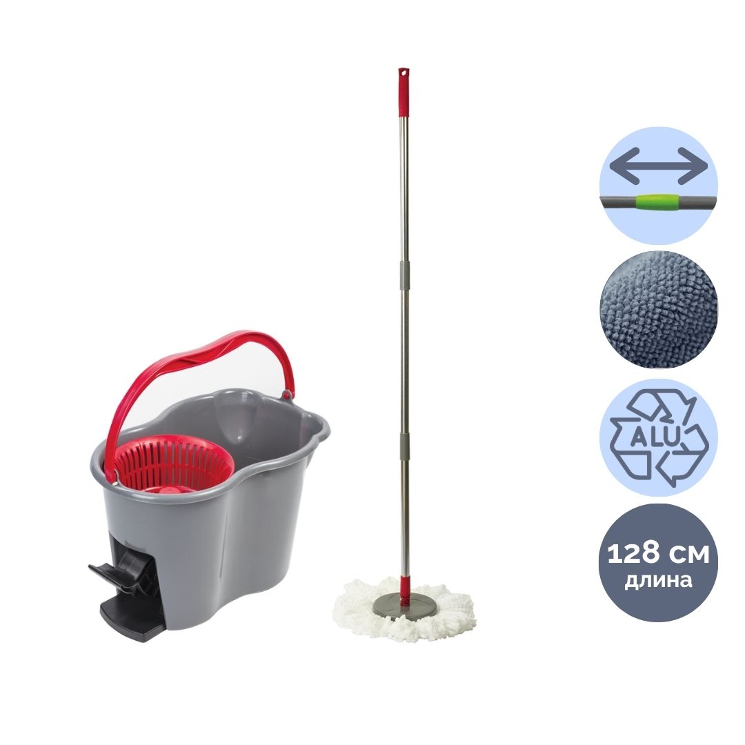 Комплект для уборки Laima, ведро 14/7 л двухкамерное с отжимом + швабра, серый / Швабры и комплекты
