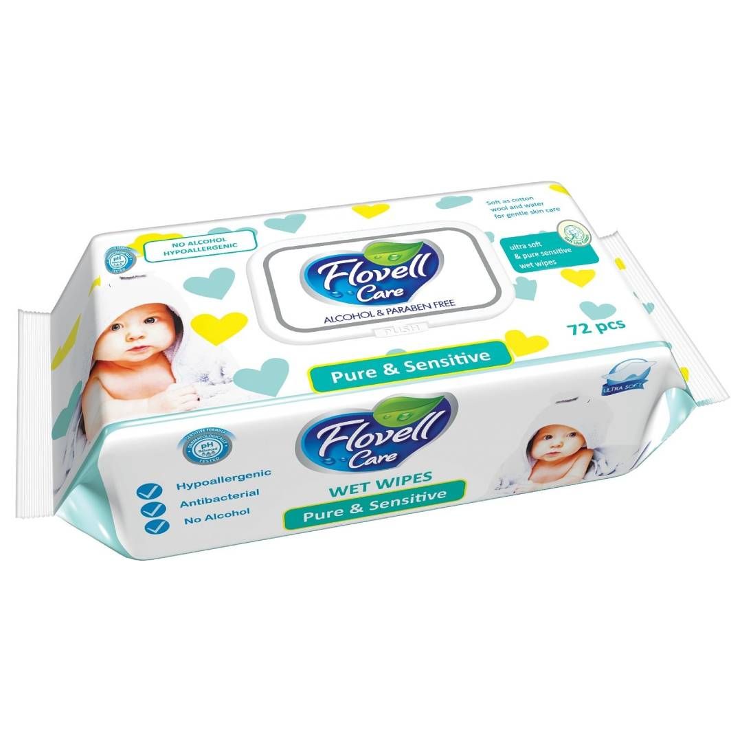 Салфетки влажные Flovell Care Classic, 72 штуки в упаковке  / Салфетки влажные косметические