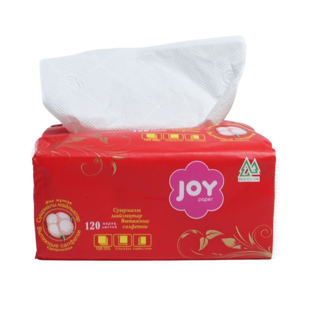 Маолин "Joy", майлықтары, 3 қабатты, 120 дана, өлшемі 17,5*12,6 см, ақ / Қағаз майлықтар