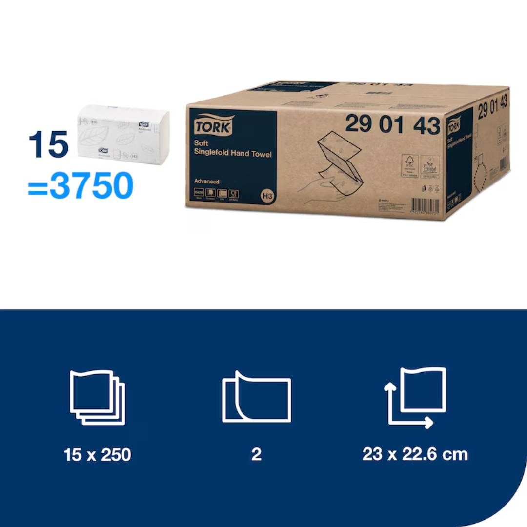 Полотенца бумажные Tork "Singlefold Soft", 250 шт, 2-х слойные, 23*22,6 см, сложение V, белые / Полотенца для диспенсеров №7