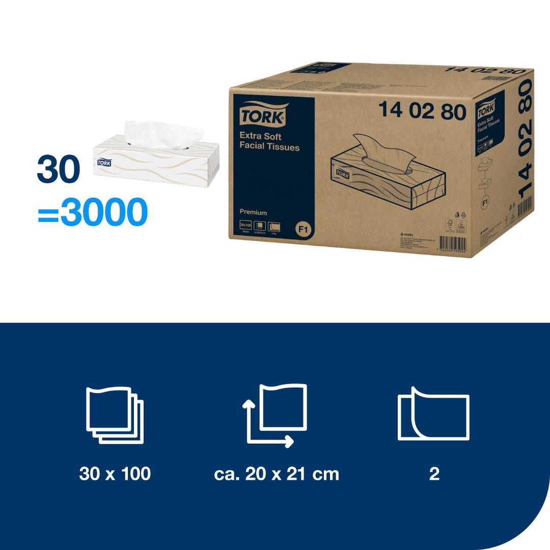 Tork Premium майлықтары, 2 қабатты, 100 дана, өлшемі 21*19 см, картон бокста, ақ / Қағаз майлықтар №5