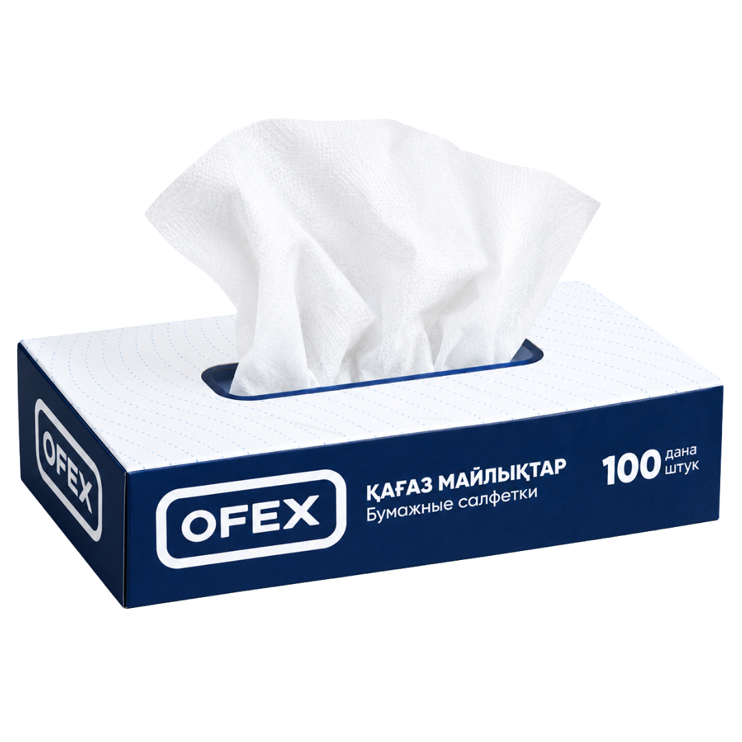 Салфетки Ofex, 2-х слойные, 100 шт., размер листа 21,5*20 cм, в картонном боксе, белые / Салфетки бумажные