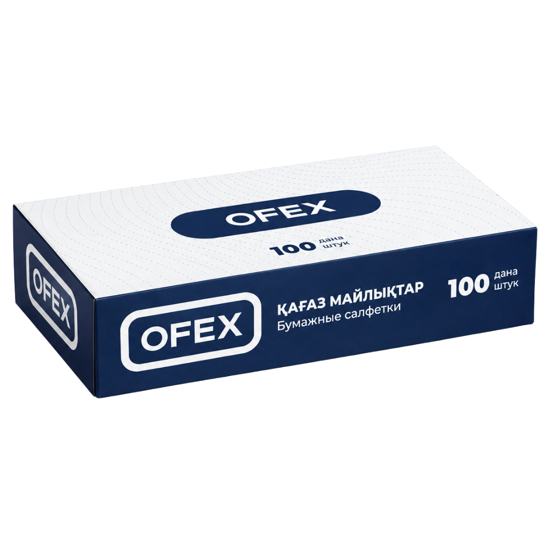 Салфетки Ofex, 2-х слойные, 100 шт., размер листа 21,5*20 cм, в картонном боксе, белые / Салфетки бумажные №2