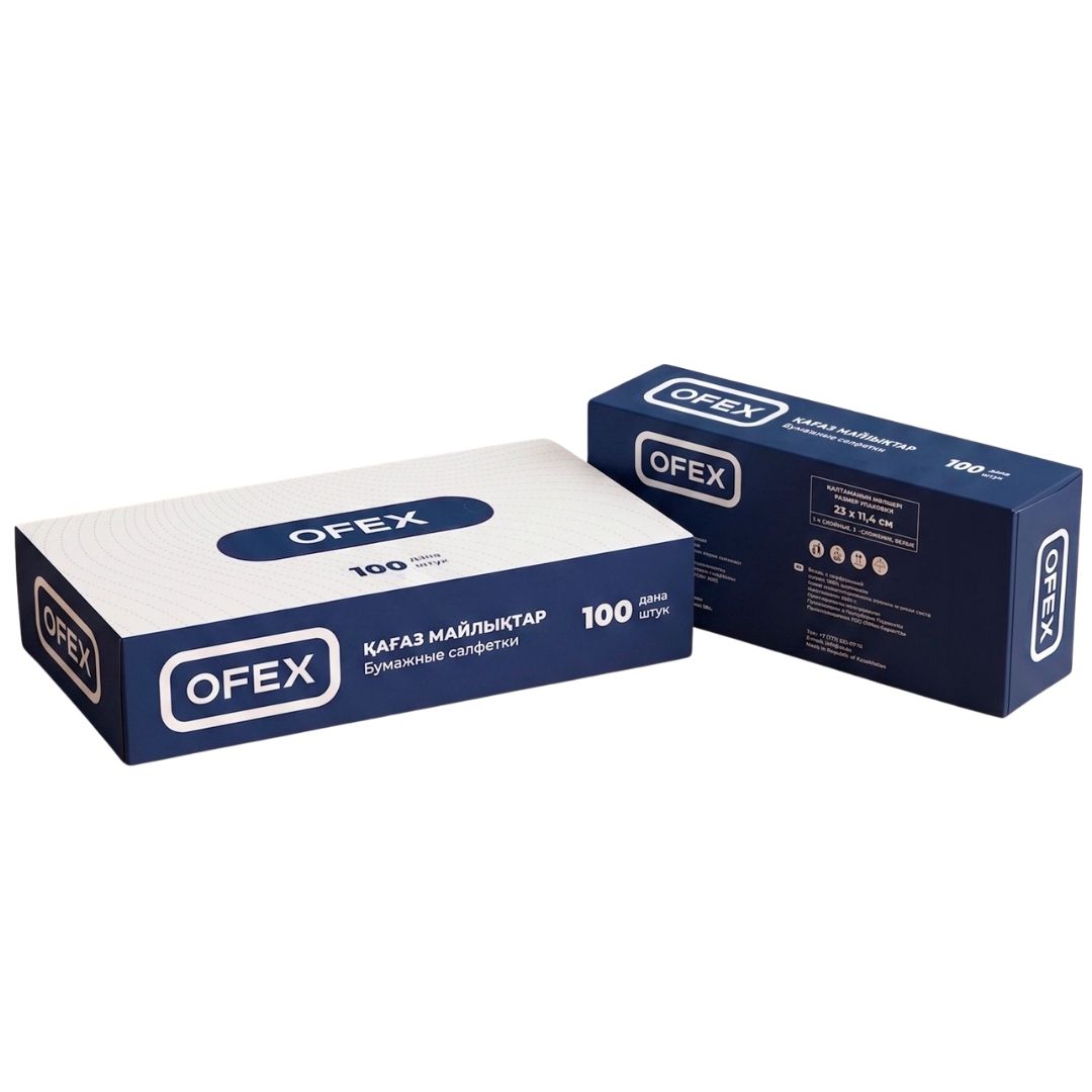 Салфетки Ofex, 2-х слойные, 100 шт., размер листа 21,5*20 cм, в картонном боксе, белые / Салфетки бумажные №3