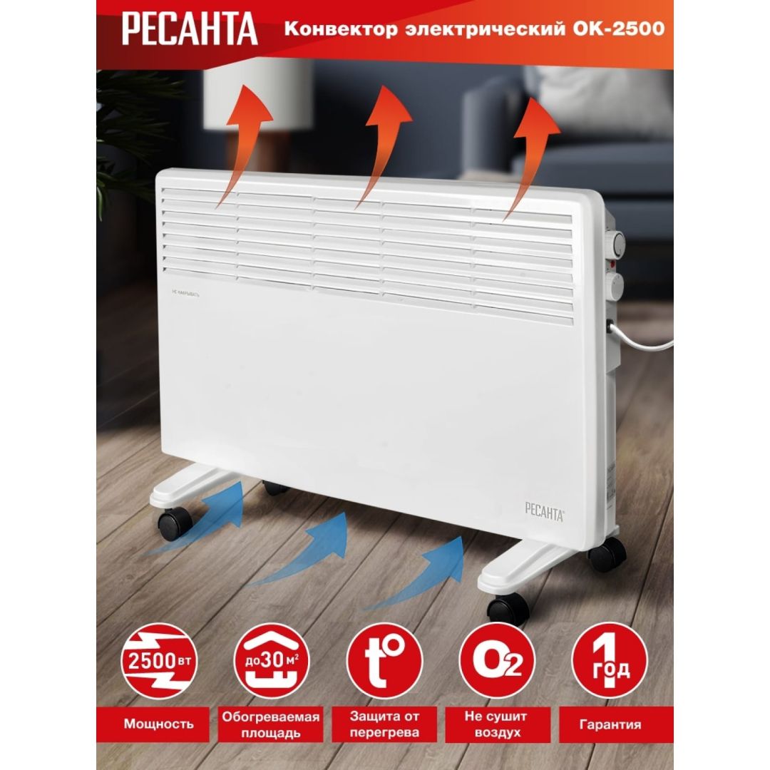 Обогреватель конвекторный Ресанта ОК-2500, 2 режима мощности, белый / Обогреватели №2