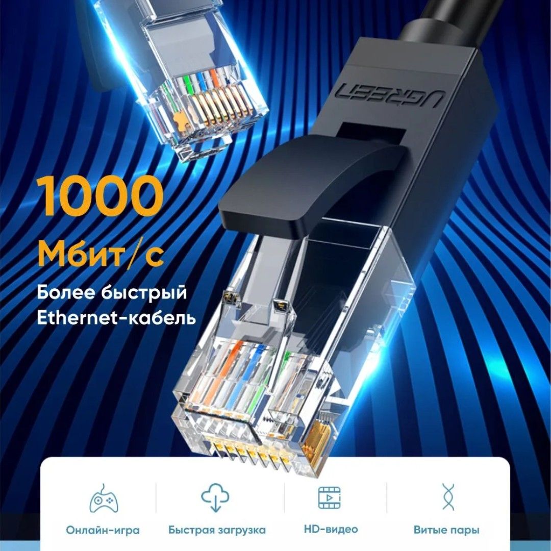 Патч-корд Ugreen NW102 (20160) , экранированный, категория - 6, U/UTP, RJ-45, 2 м, черный / Сетевые кабеля №2 oe.kz Патч-корд Ugreen NW102 (20160) , экранированный, категория - 6, U/UTP, RJ-45, 2 м, черный / Сетевые кабеля №2